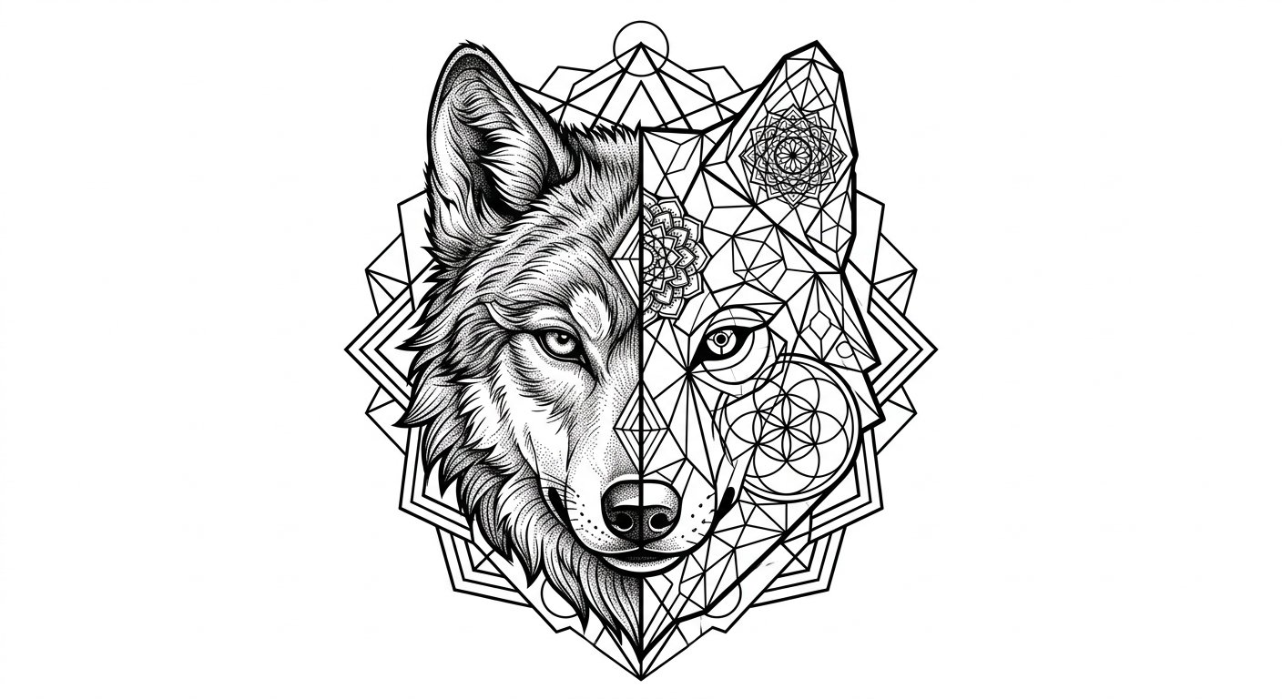Wolf head constructed from precise geometric shapes