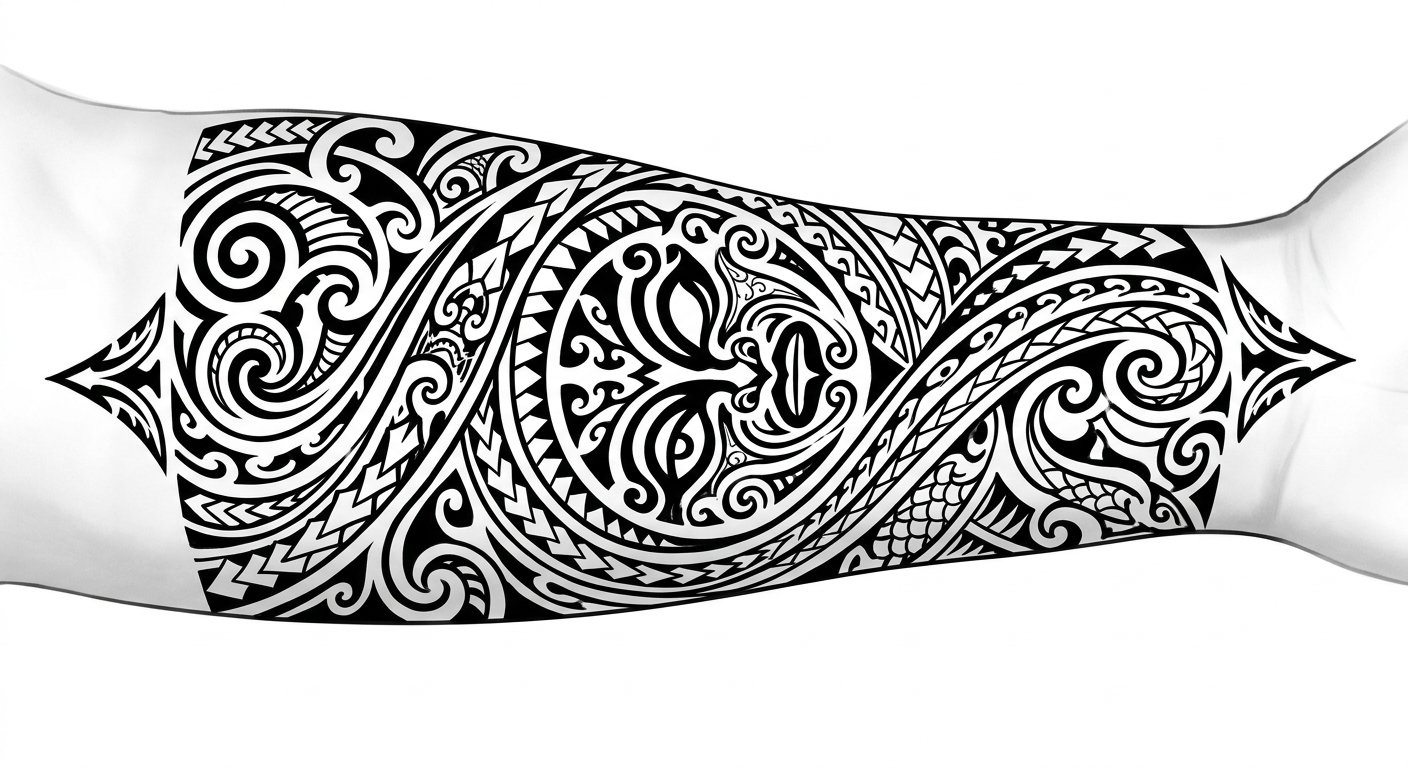 Bold Polynesian-inspired band wrapping the forearm