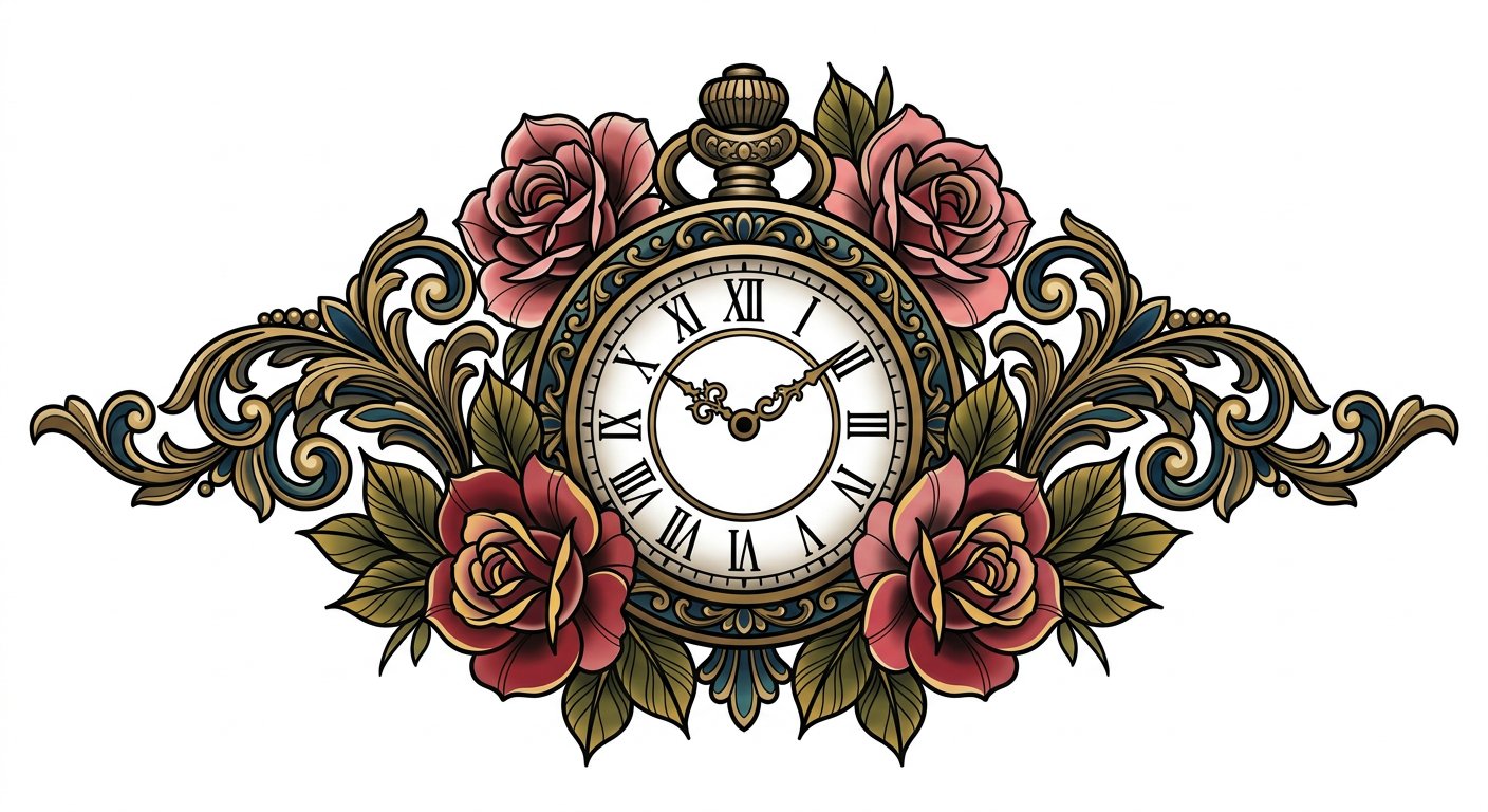 Ornate clock face surrounded by detailed roses