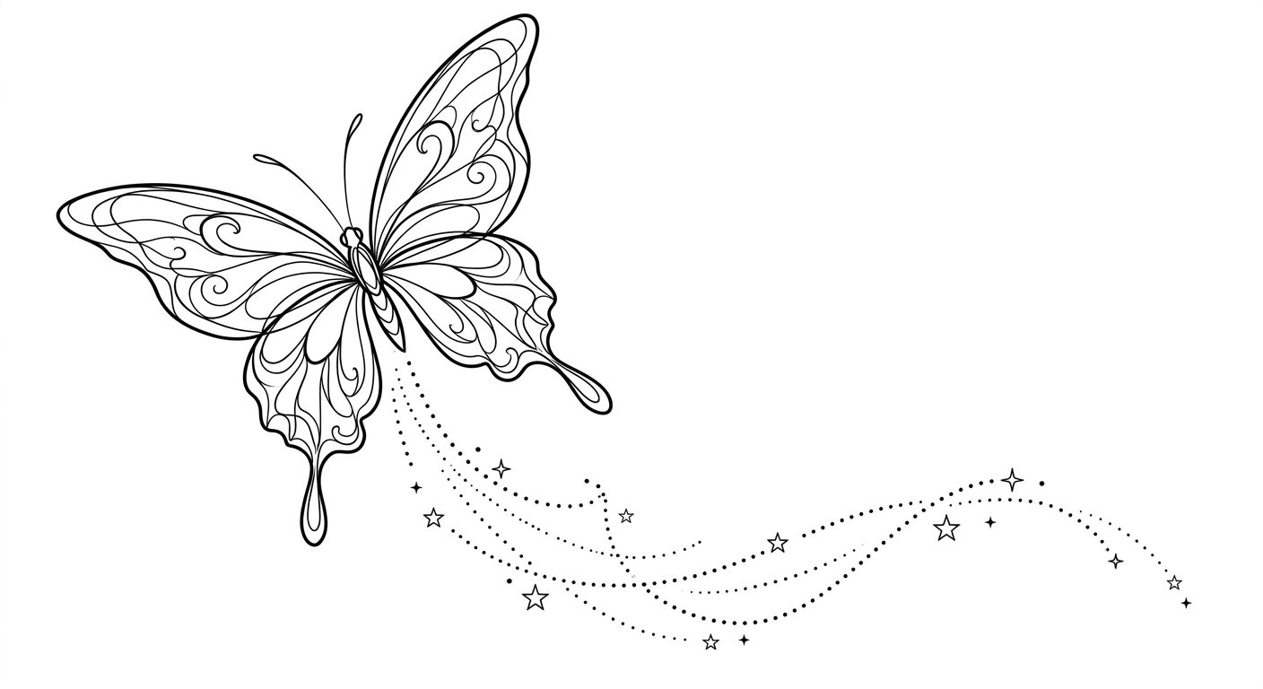 Single-needle butterfly with trailing dots and stars