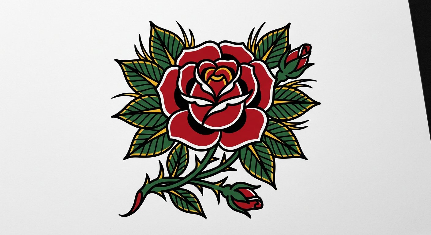 Bold traditional rose centered on the back of the hand