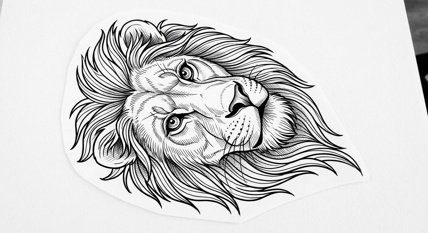 Realistic lion face filling the back of the hand