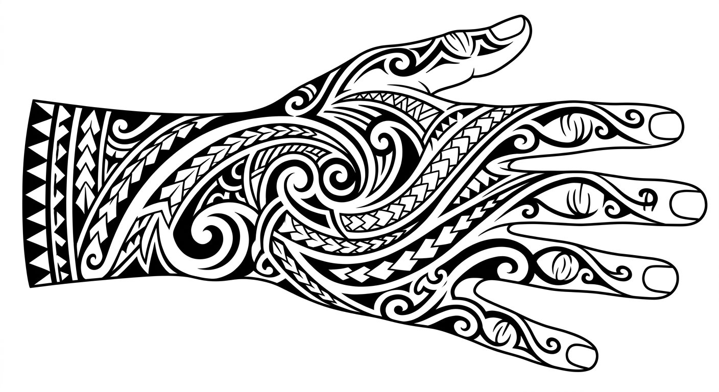 Bold tribal patterns flowing across the hand