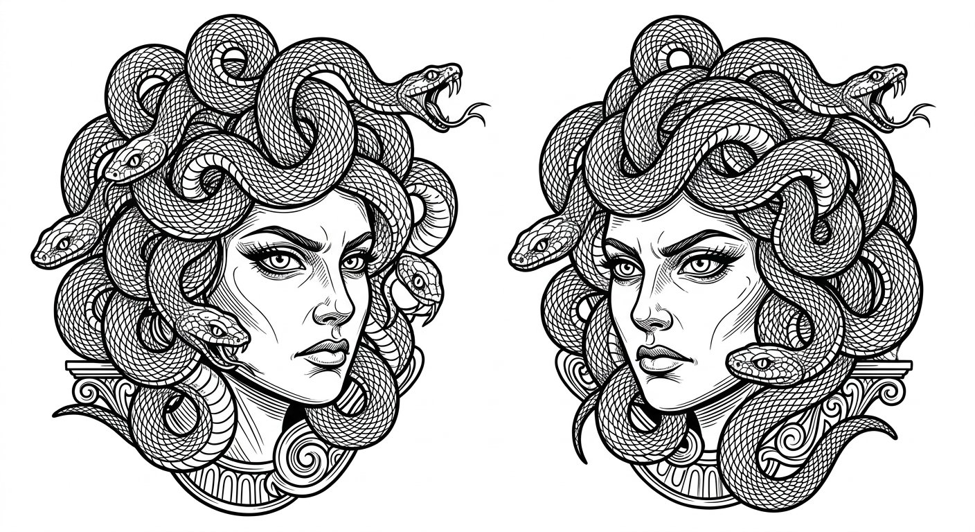 Detailed medusa face with writhing snake hair