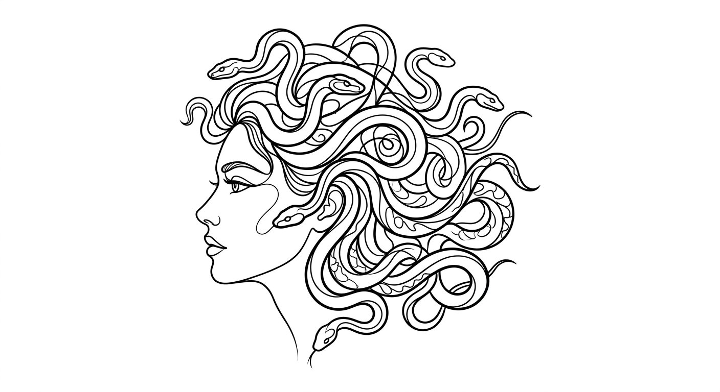 Delicate single-line medusa profile with flowing snakes