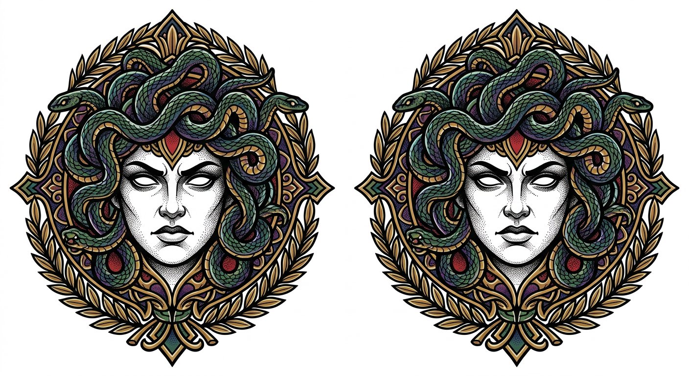Ornate medusa with decorative frame and bold outlines