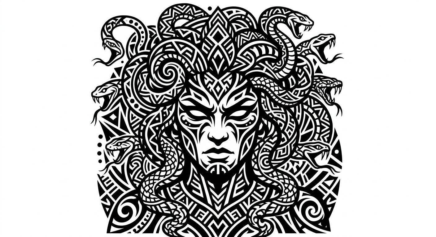 High-contrast black medusa with negative space details