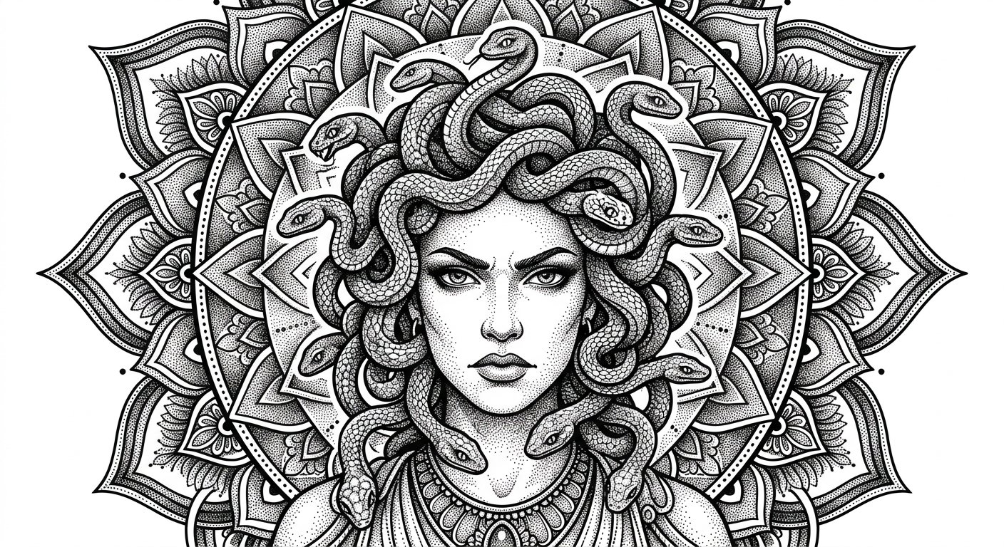 Stippled medusa portrait with mandala background
