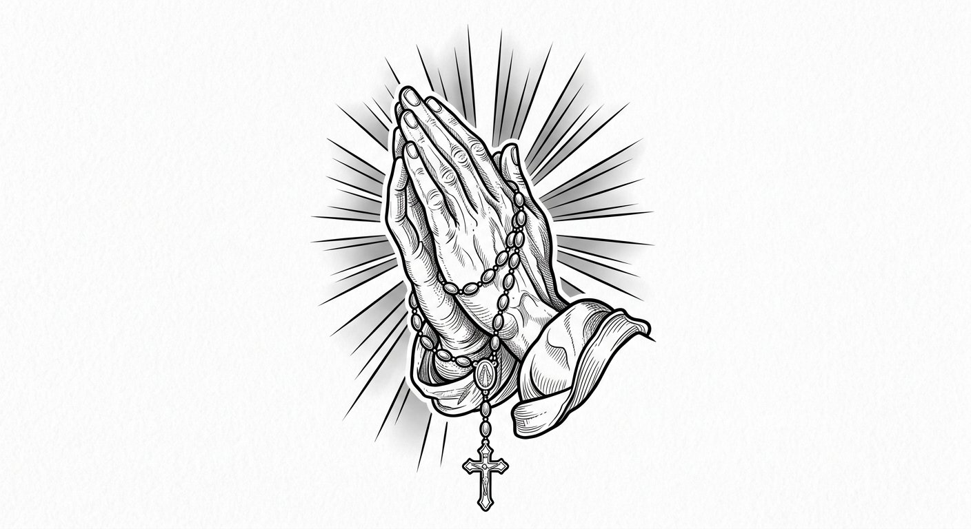 Detailed praying hands with rosary beads on side neck