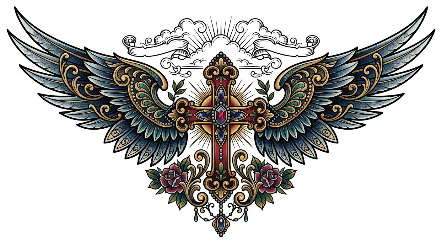 Ornate cross with angel wings behind the neck